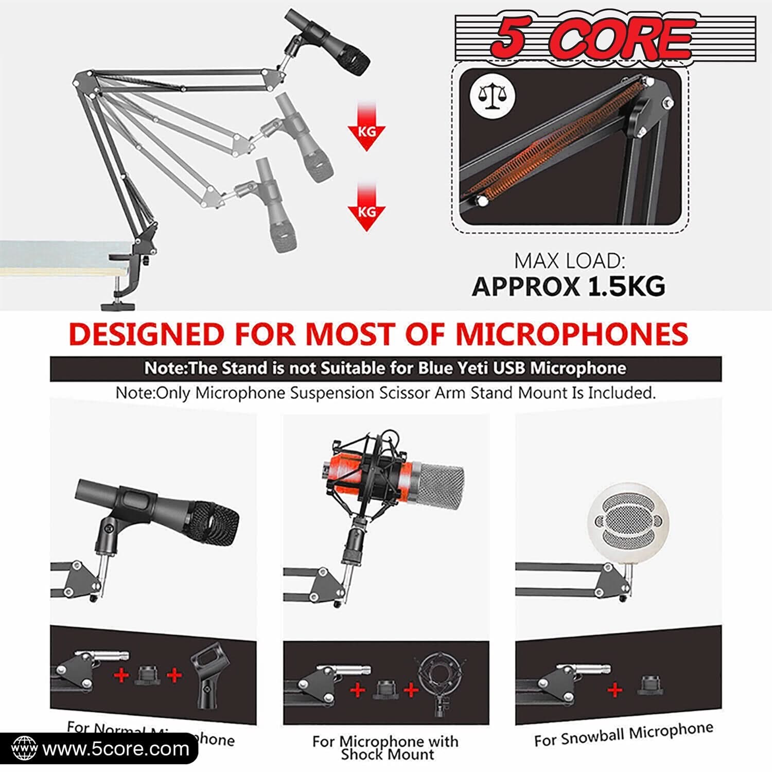 5Core Microphone Boom Arm Desk Mic Stand Adjustable Clamp Suspension