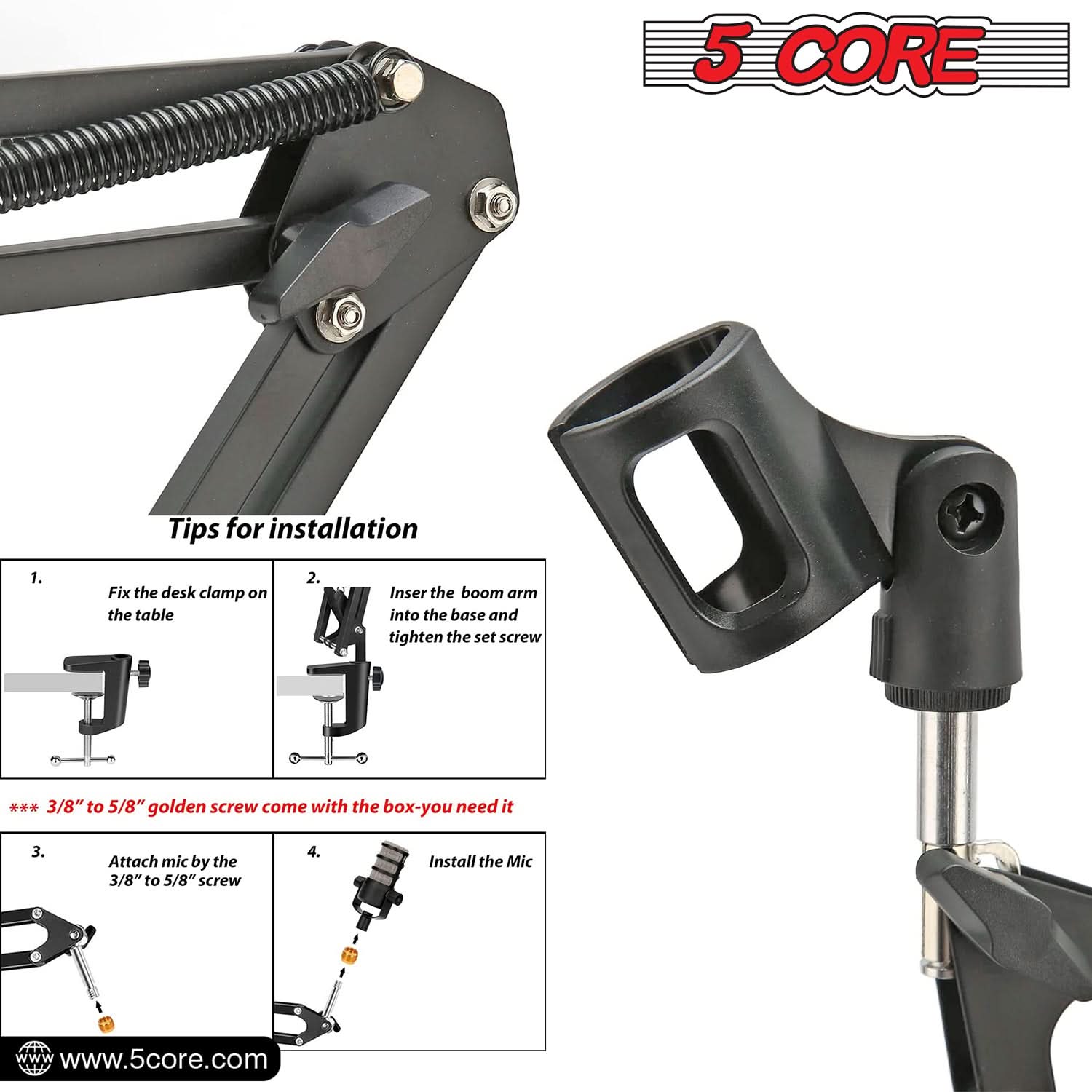 5Core Microphone Boom Arm Desk Mic Stand Adjustable Clamp Suspension