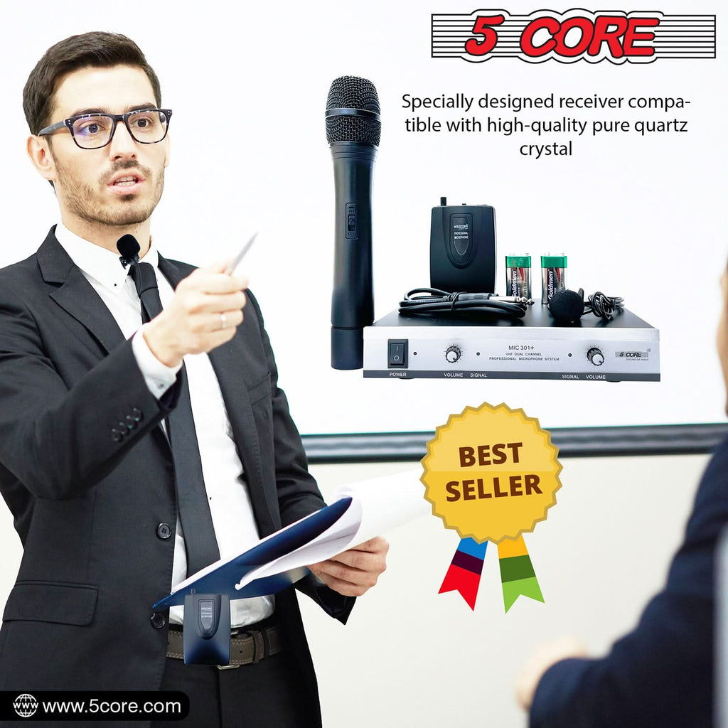 5Core Wireless Microphone VHF Handheld with 1 Lav Mic + Receiver