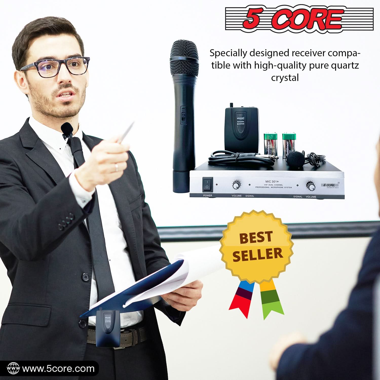 5Core Wireless Microphone VHF Handheld with 1 Lav Mic + Receiver