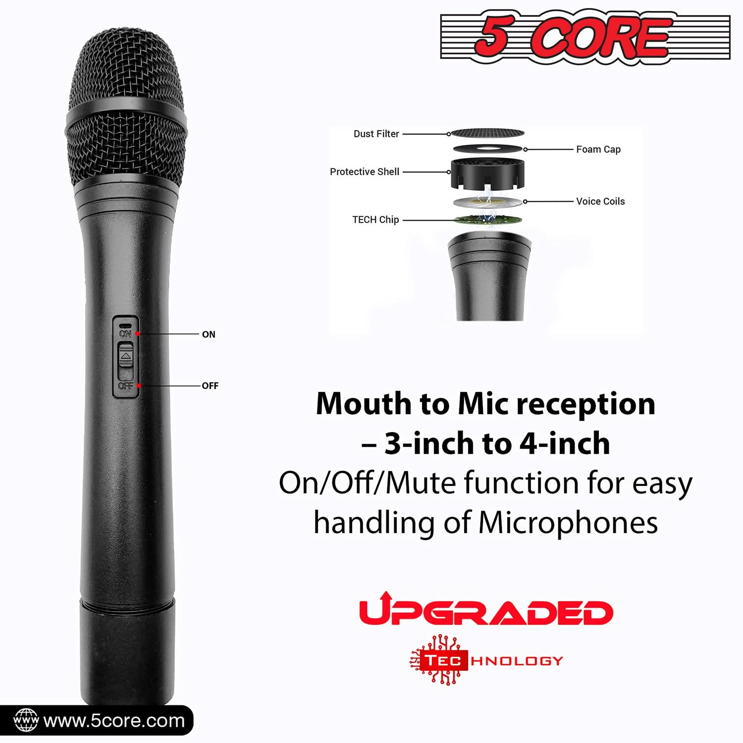 5Core Wireless Microphone VHF Handheld with 1 Lav Mic + Receiver