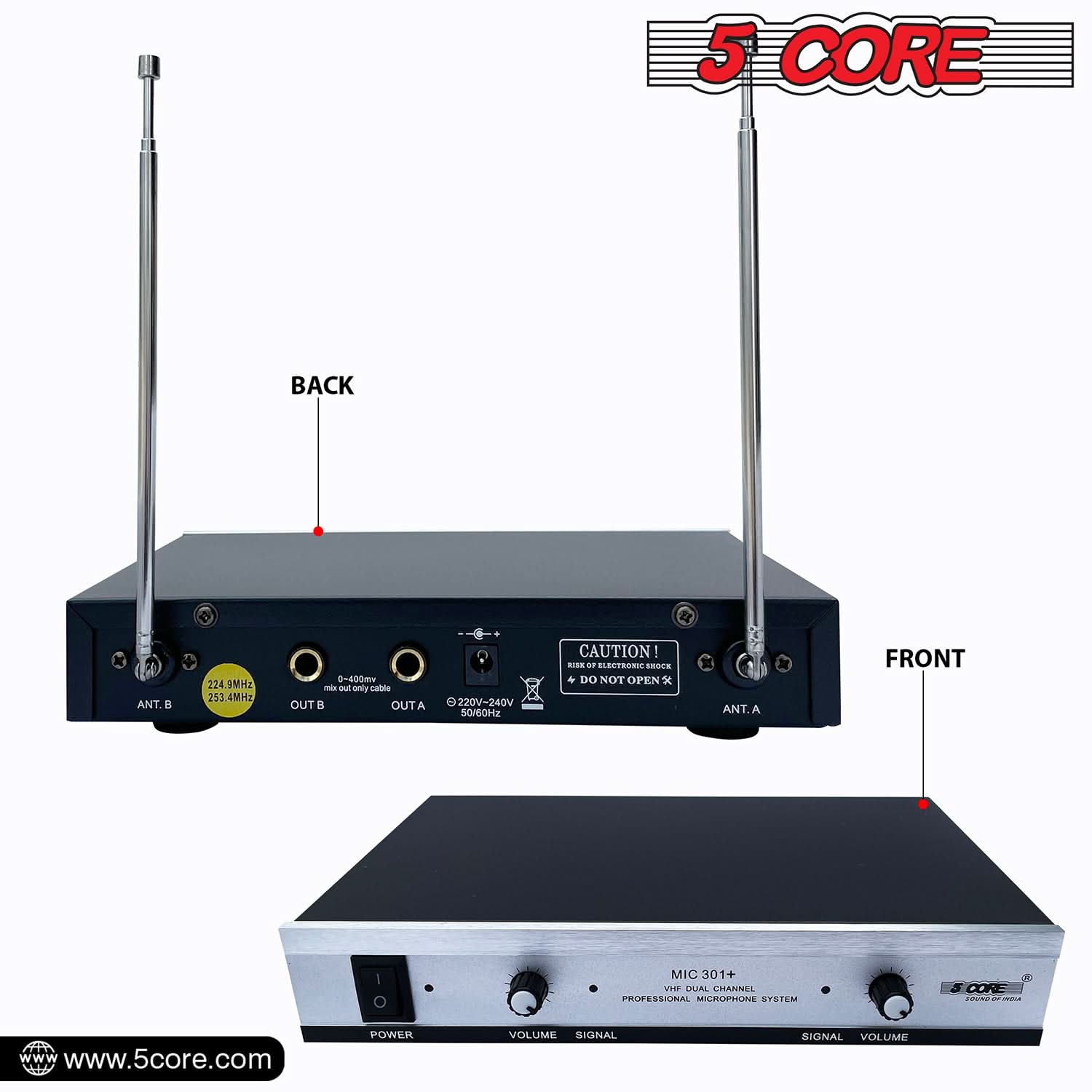 5Core Wireless Microphone VHF Handheld with 1 Lav Mic + Receiver