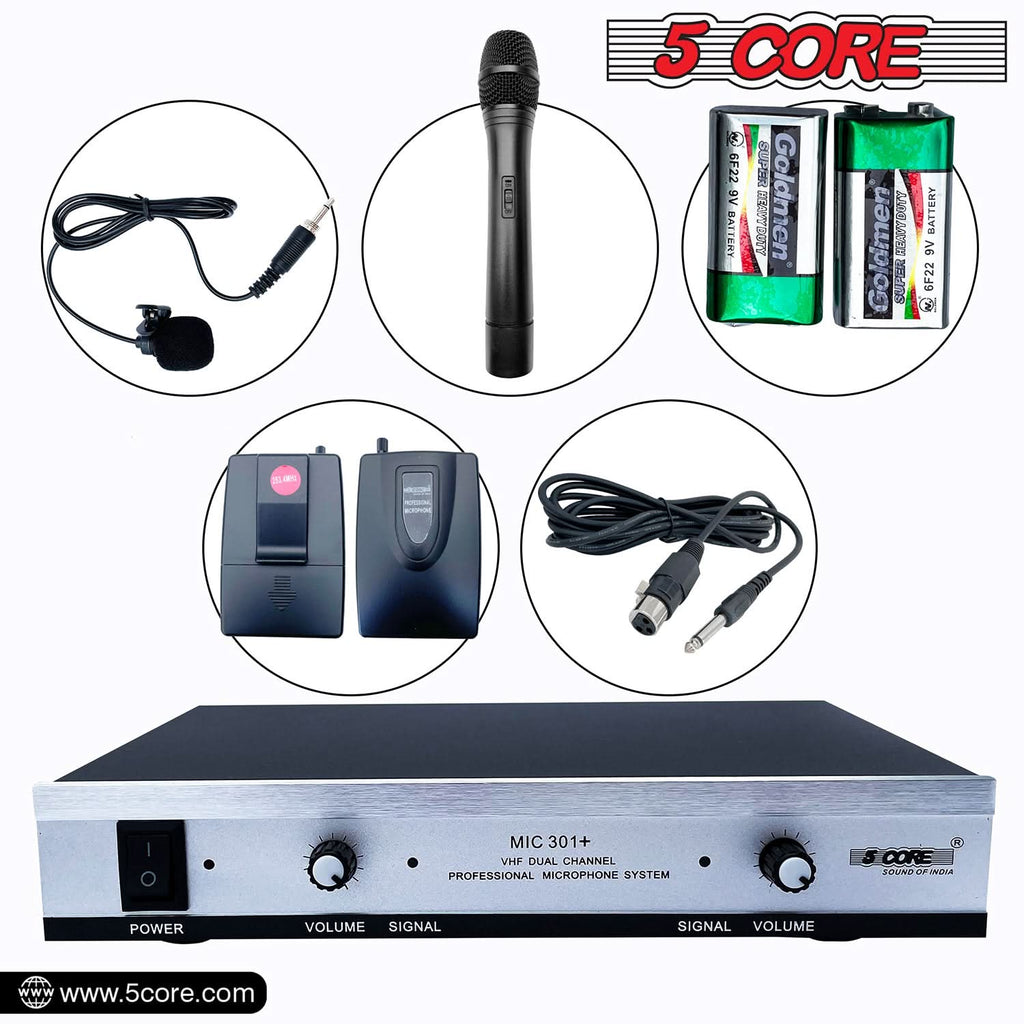5Core Wireless Microphone VHF Handheld with 1 Lav Mic + Receiver