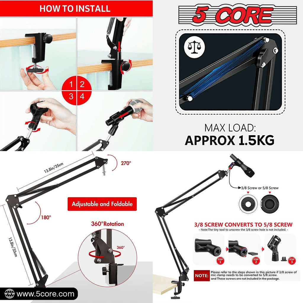 5Core Microphone Boom Arm Desk Mic Stand Adjustable Clamp Suspension