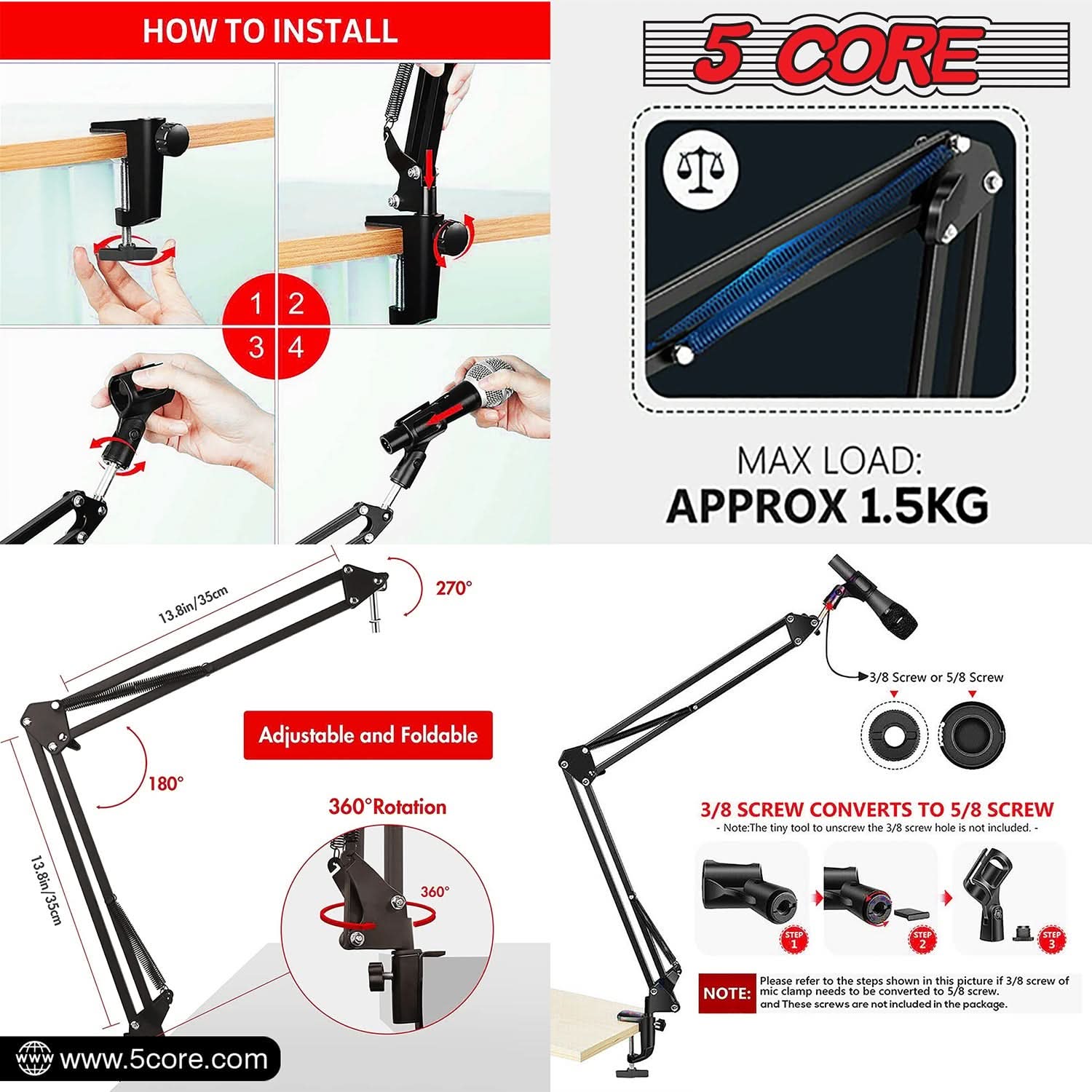 5Core Microphone Boom Arm Desk Mic Stand Adjustable Clamp Suspension