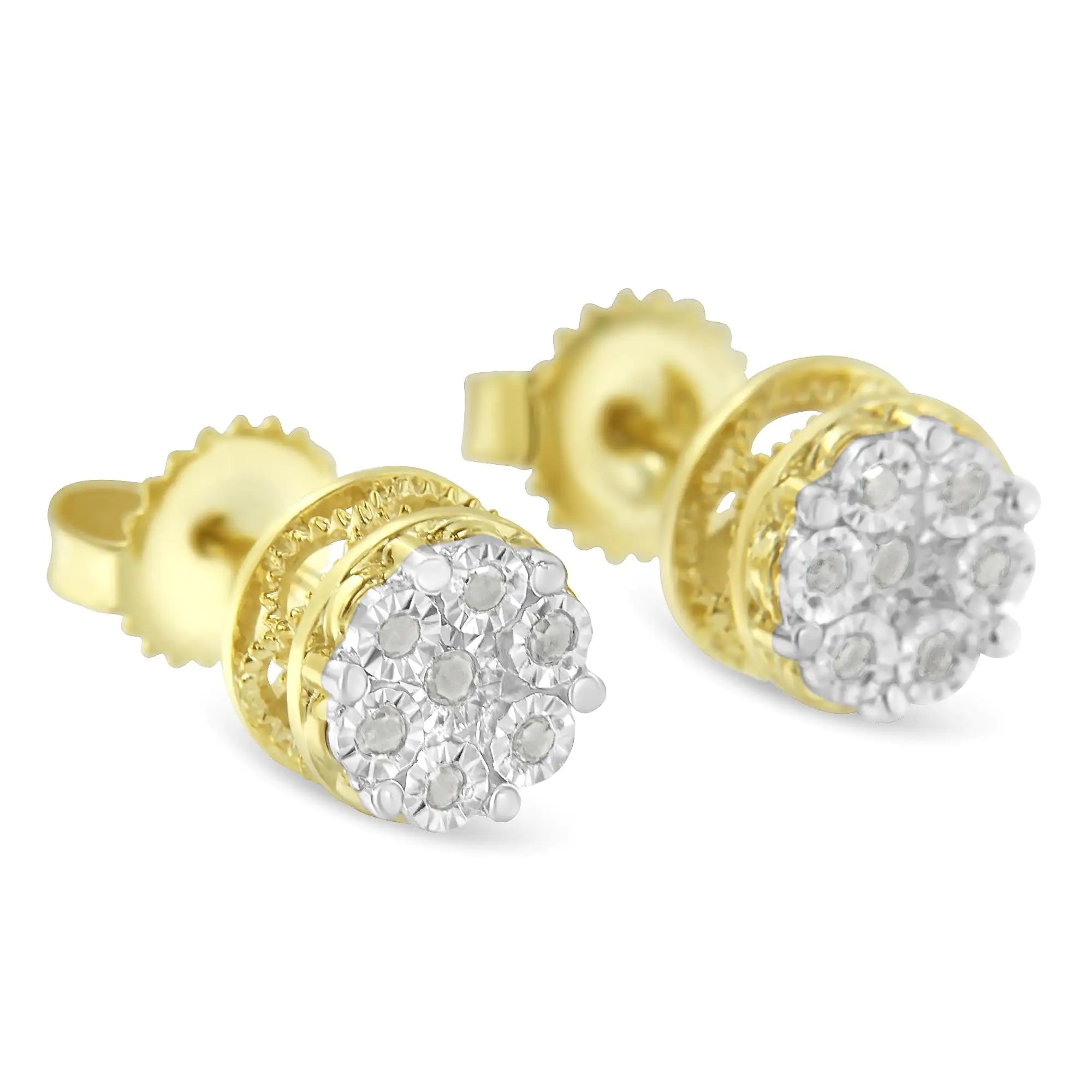 14K Yellow Gold Plated .925 Sterling Silver 1/7 Cttw Diamond Miracle Set Stud Earrings (I-J Color, I3 Promo Clarity)
